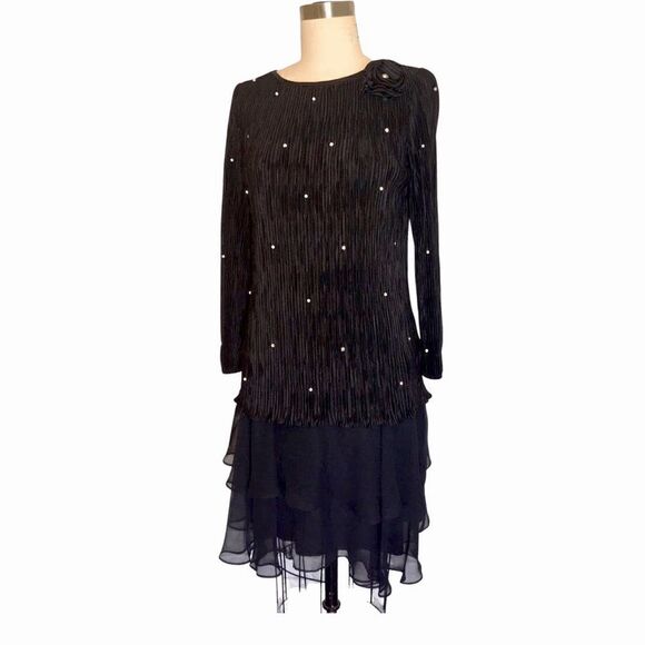 Elegant 80s Black Pearl Beaded Drop Waist Dress by After Dark - Picture 2 of 3